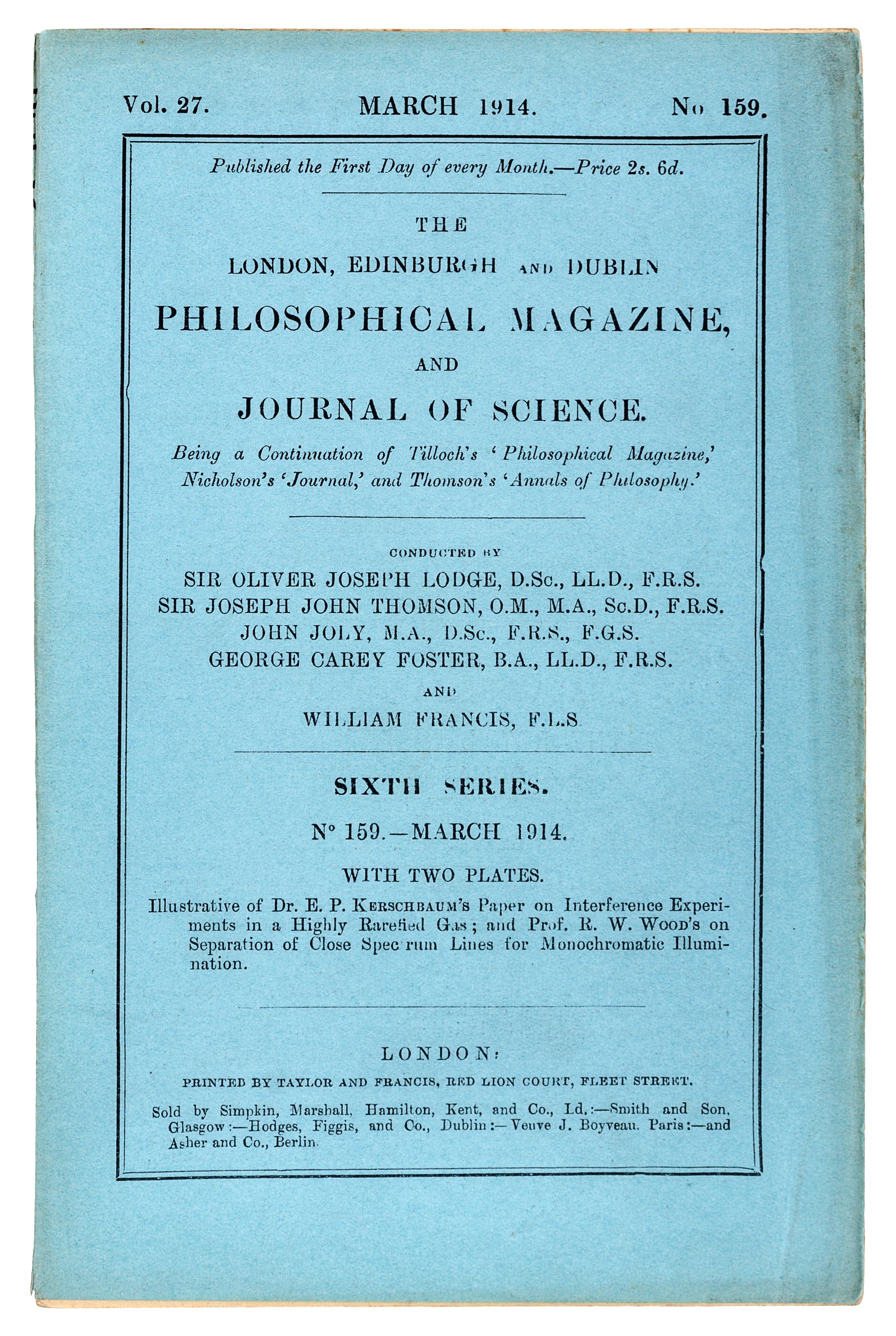 RUTHERFORD, Ernest, 1st Baron Rutherford of Nelson (1871-1937). “The Structure of the Atom.” In: The London, Edinburgh and Dublin Philosophical Magazine , Sixth Series, Vol. 27, No. 159, pp. 488-498. London: Taylor and Francis, March 1914.