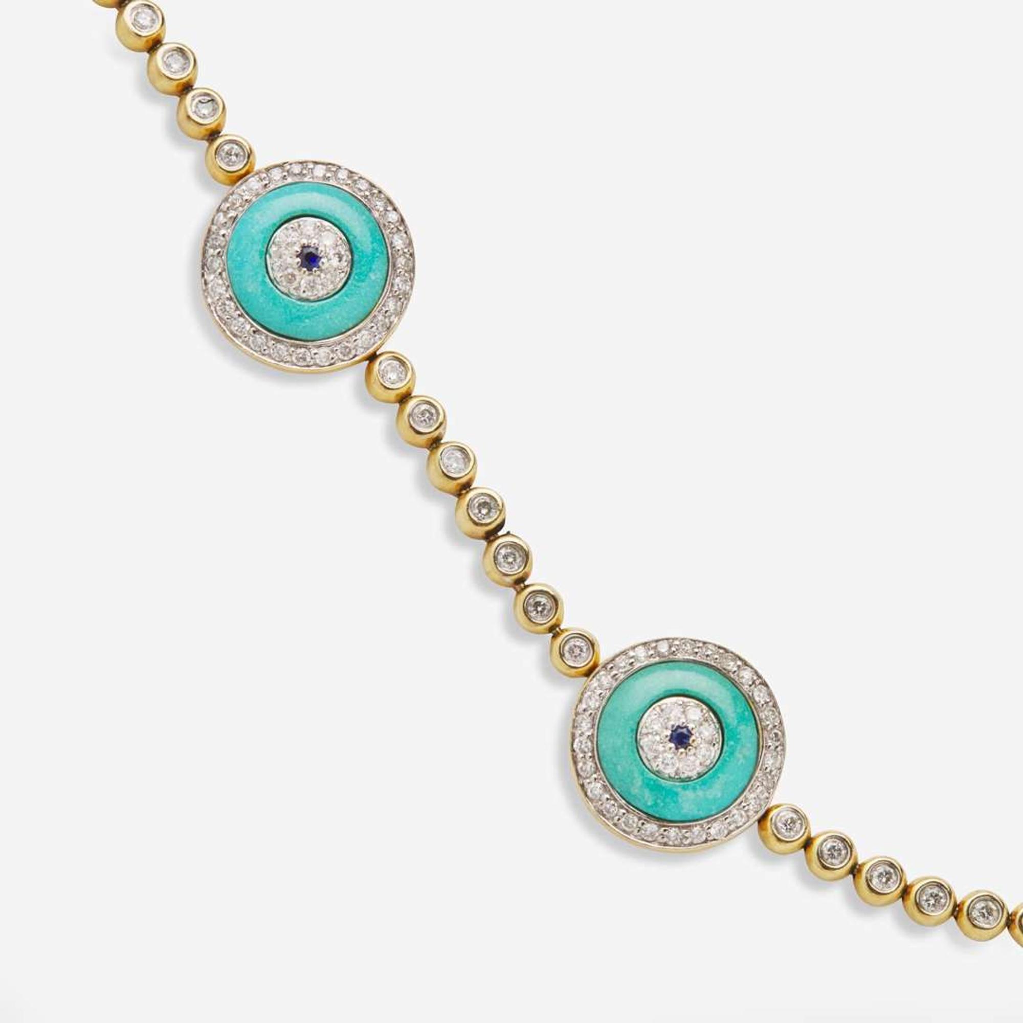 A 14K Yellow Gold, Diamond, Turquoise, and Sapphire Bracelet