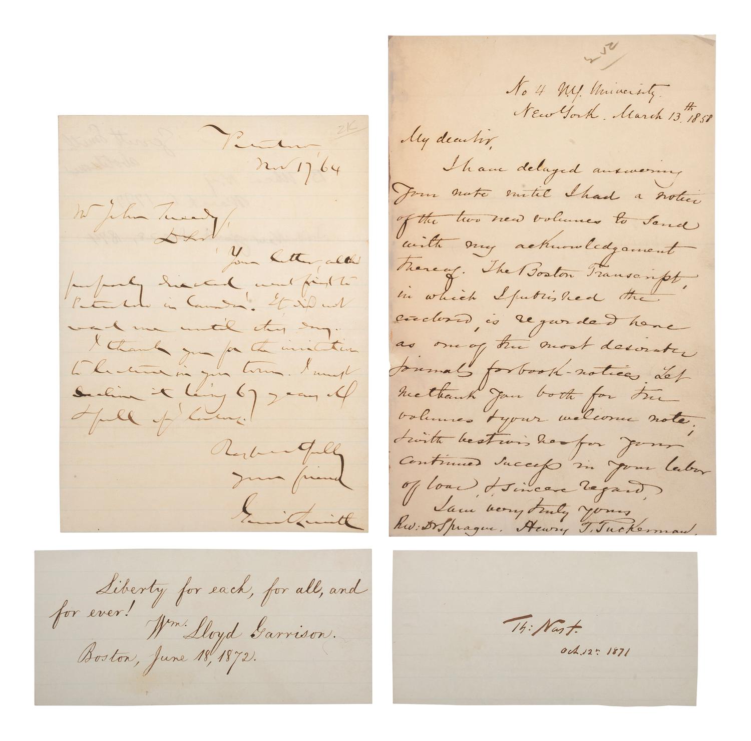 [ABOLITIONISTS - WRITERS - ARTISTS]. 4 autographs, incl. Wm. Lloyd GARRISON & Gerrit SMITH.
