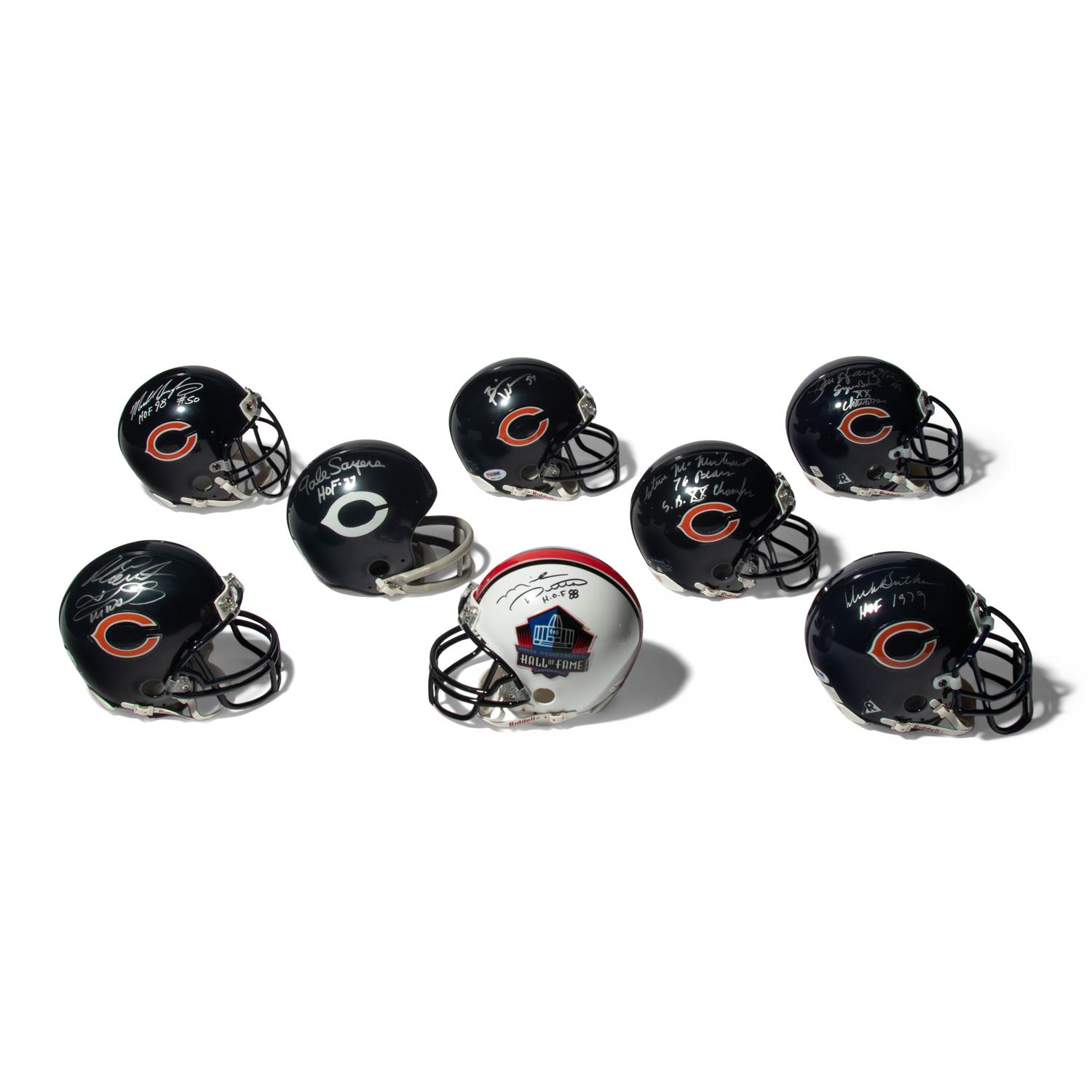 A Collection of Eight Chicago Bears Hall of Fame Signed Autograph Mini Helmets