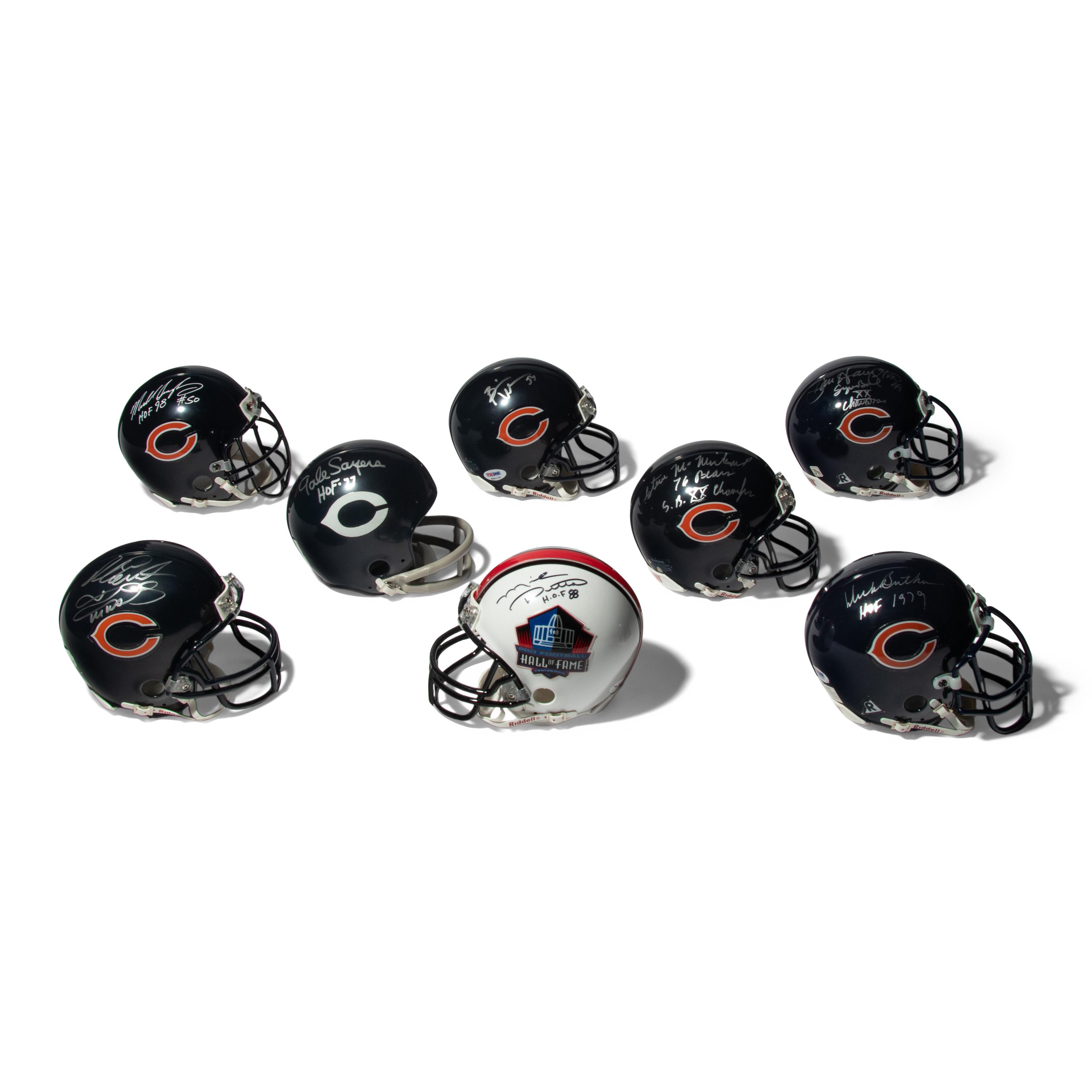 A Collection of Eight Chicago Bears Hall of Fame Signed Autograph Mini Helmets