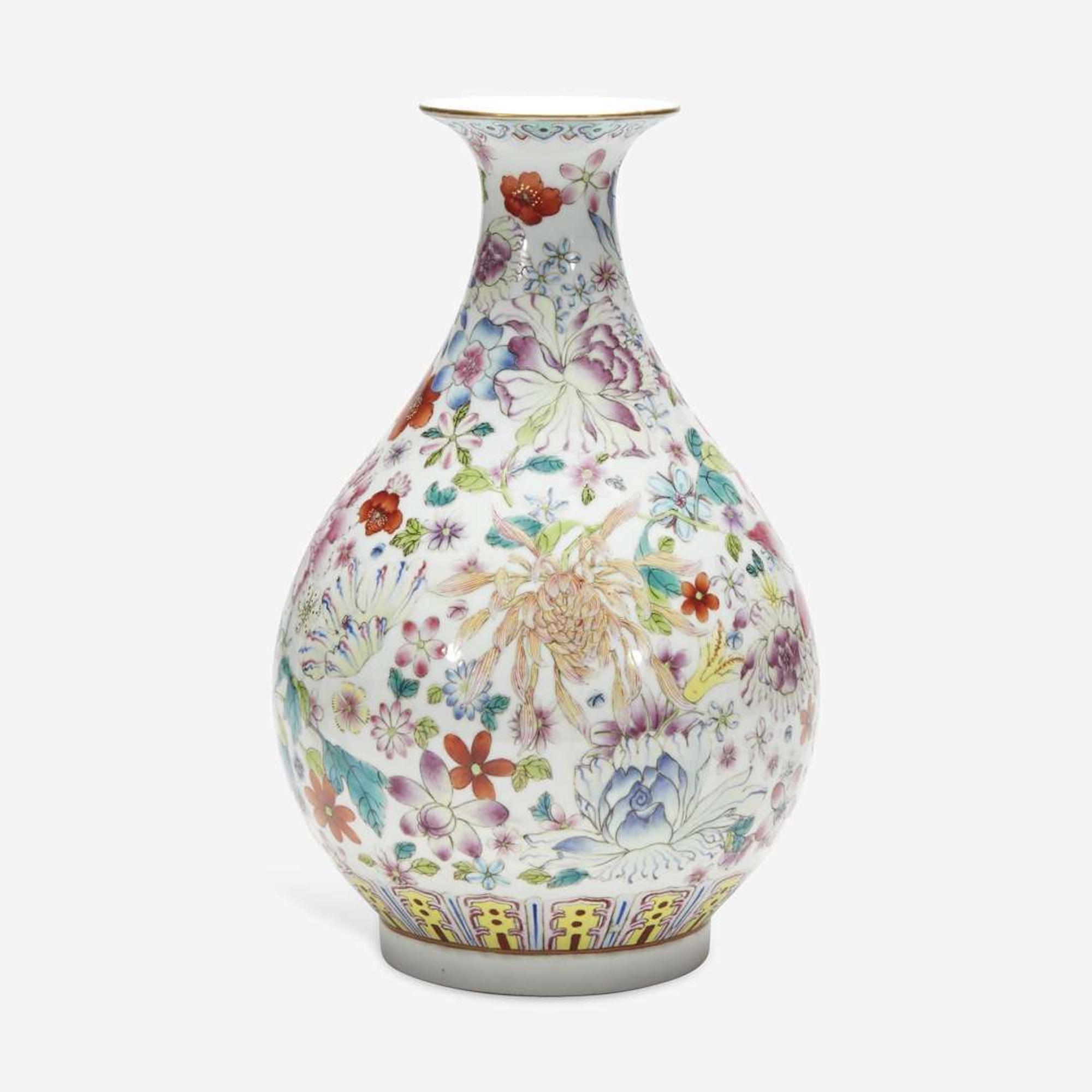 A Chinese famille rose-decorated "100 Flowers" vase, Yuhuchunping 粉彩百花瓶 Xuantong six-character mark and possibly of the period ????? ????