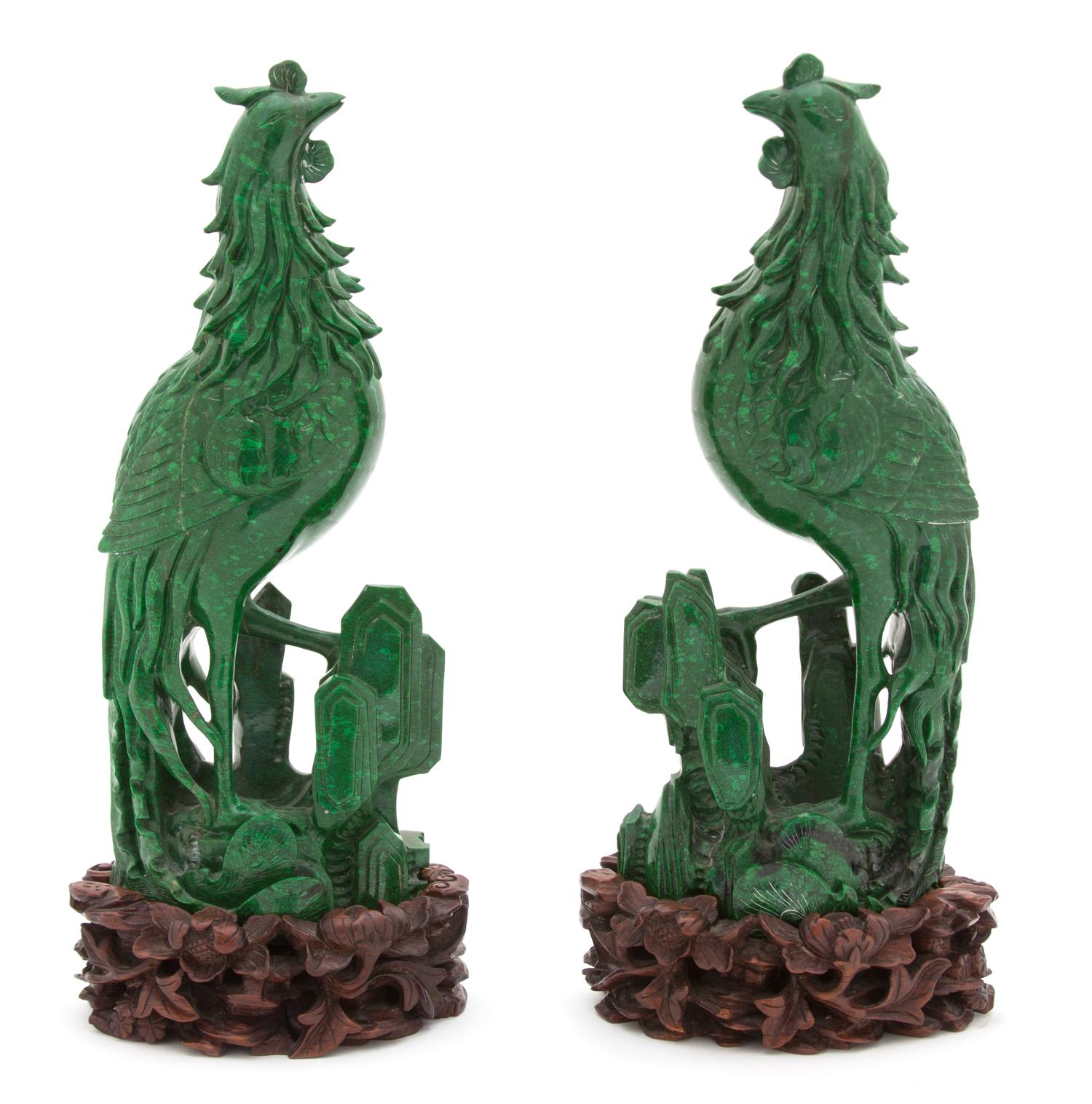 A Pair of Chinese Carved Green Hardstone Models of Phoenix Birds — 19TH CENTURY