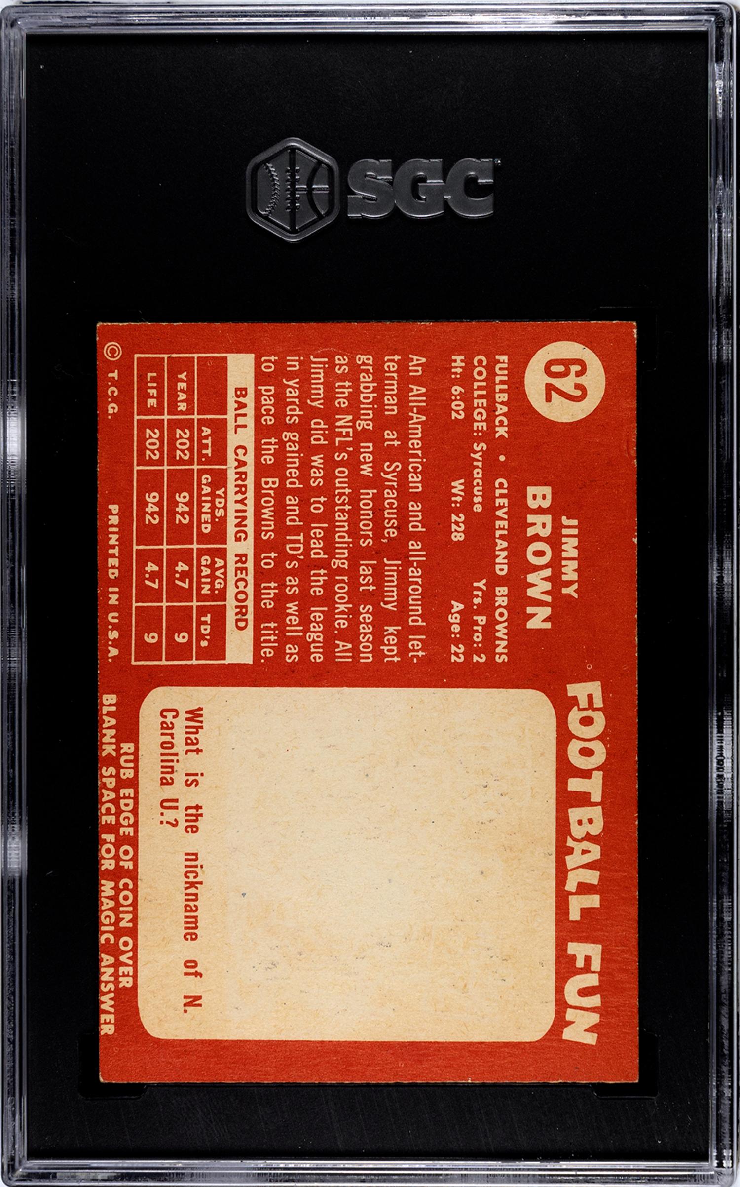 A 1958 Topps Jim Brown Rookie Football Card No. 62 (SGC 4.5 VG-EX+)