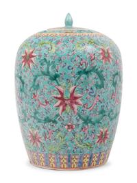 A Chinese Turquoise Ground Famille Rose Porcelain Jar