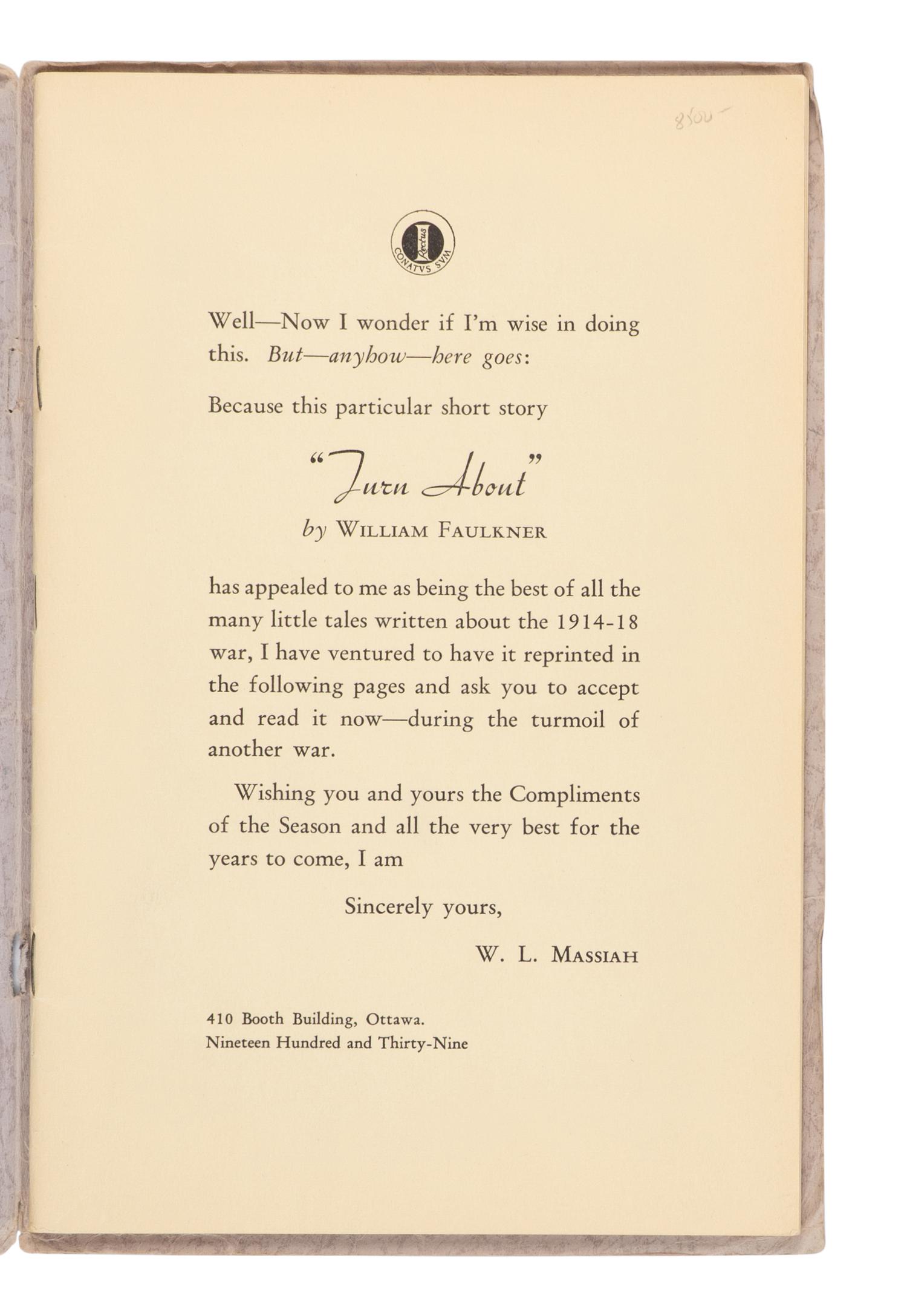FAULKNER, William (1897-1962). Turn About . Ottawa: W.L. Massiah, 1939.