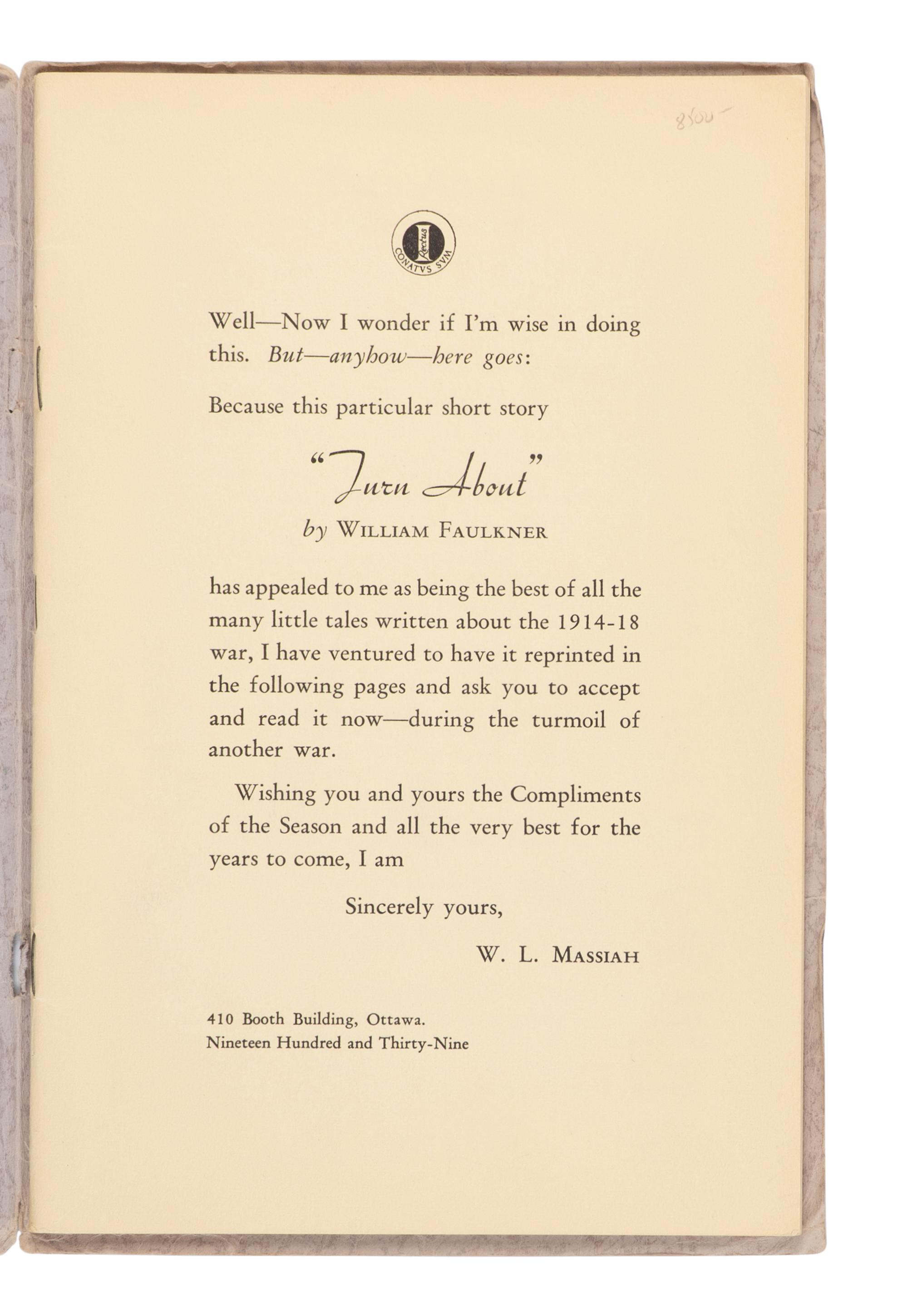 FAULKNER, William (1897-1962). Turn About . Ottawa: W.L. Massiah, 1939.