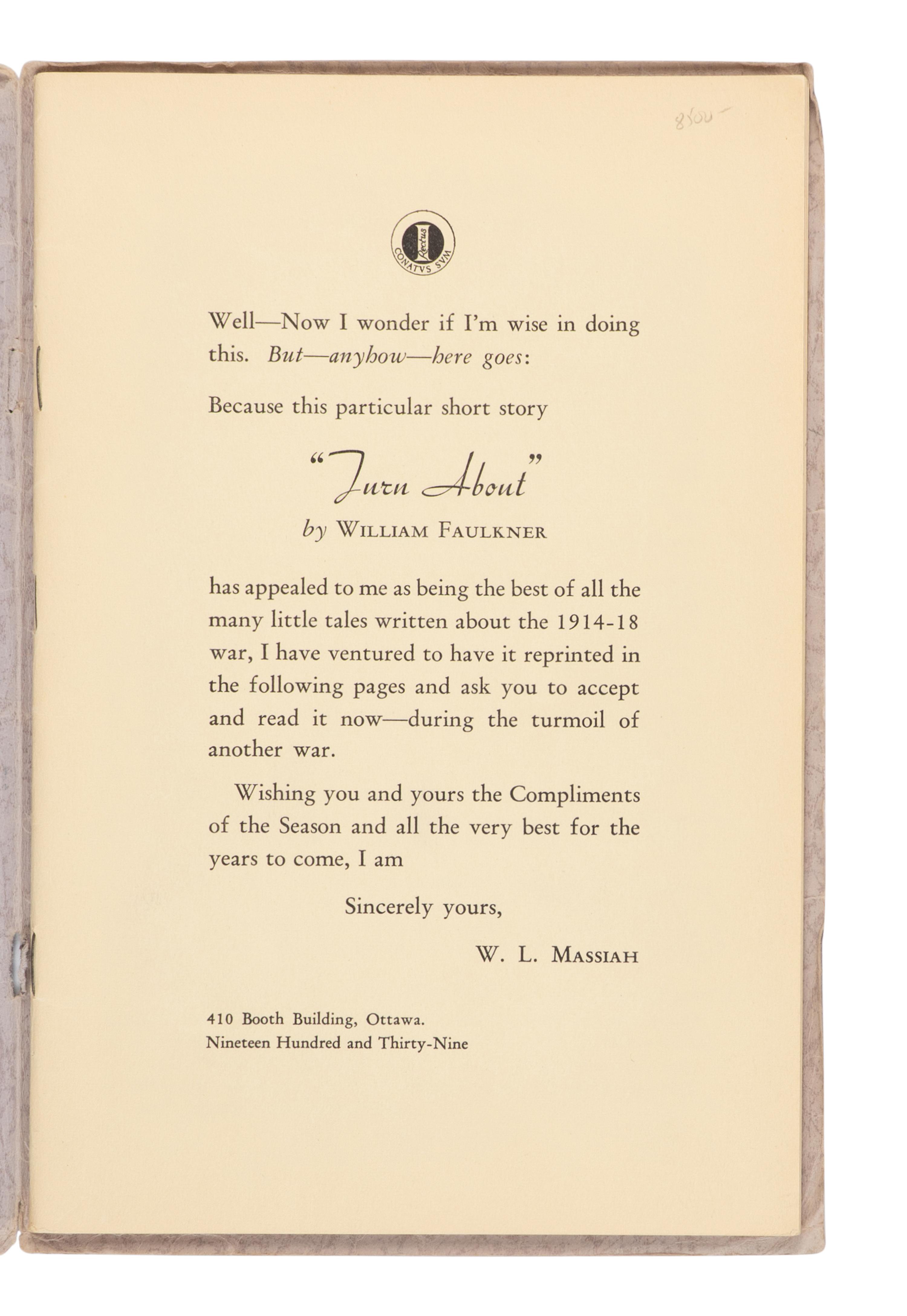 FAULKNER, William (1897-1962). Turn About . Ottawa: W.L. Massiah, 1939.