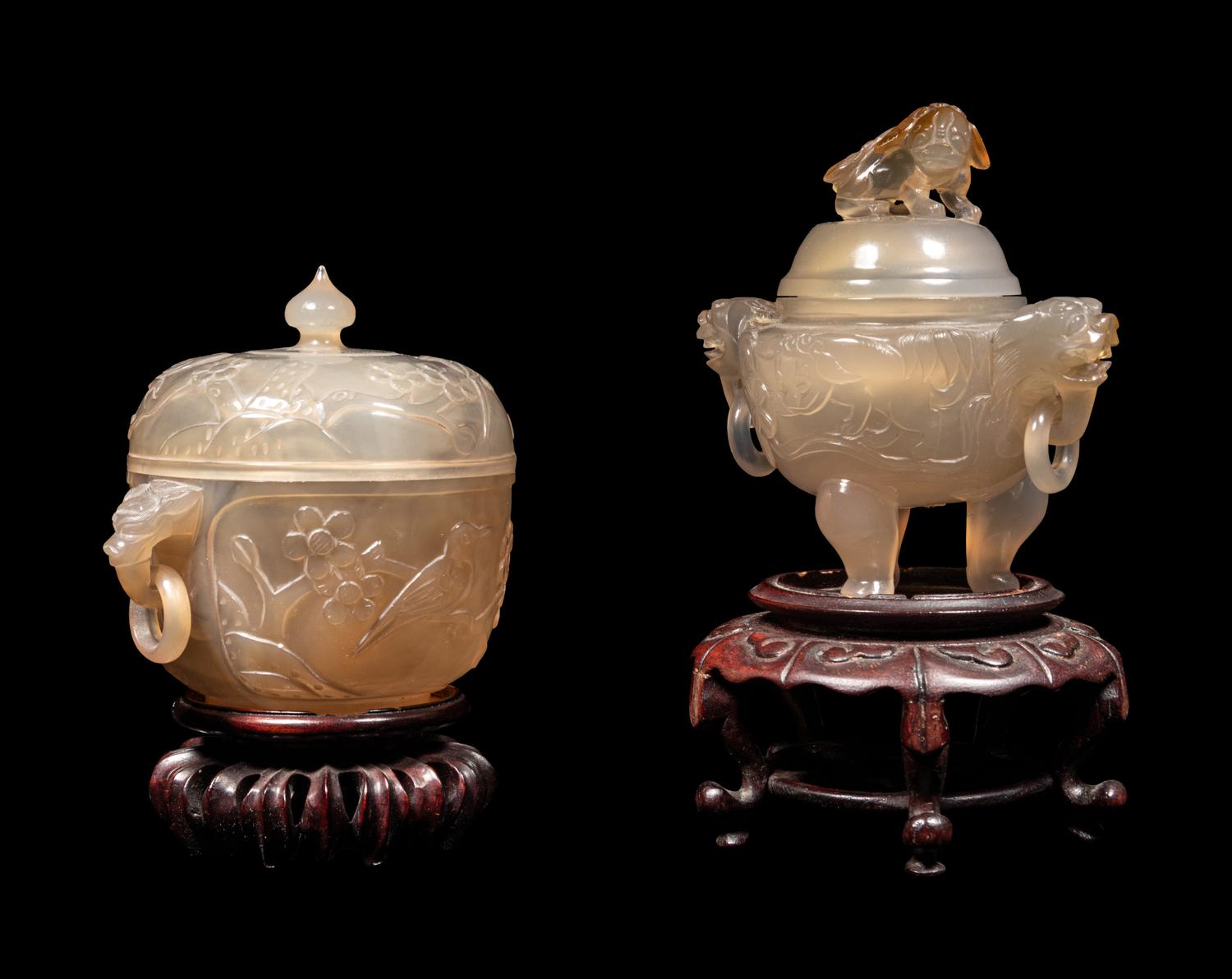 Two Carved Agate Covered Vessels