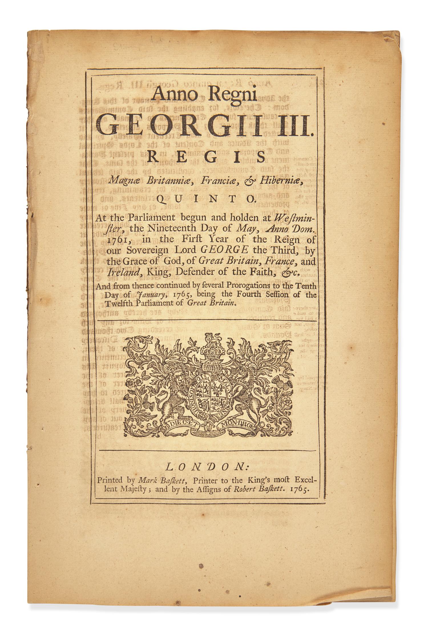 [American Revolution] [Stamp Act] Anno Regni Georgii III…An Act for Granting and Applying Certain Stamp Duties, and other Duties, in the British Colonies and Plantations in America...