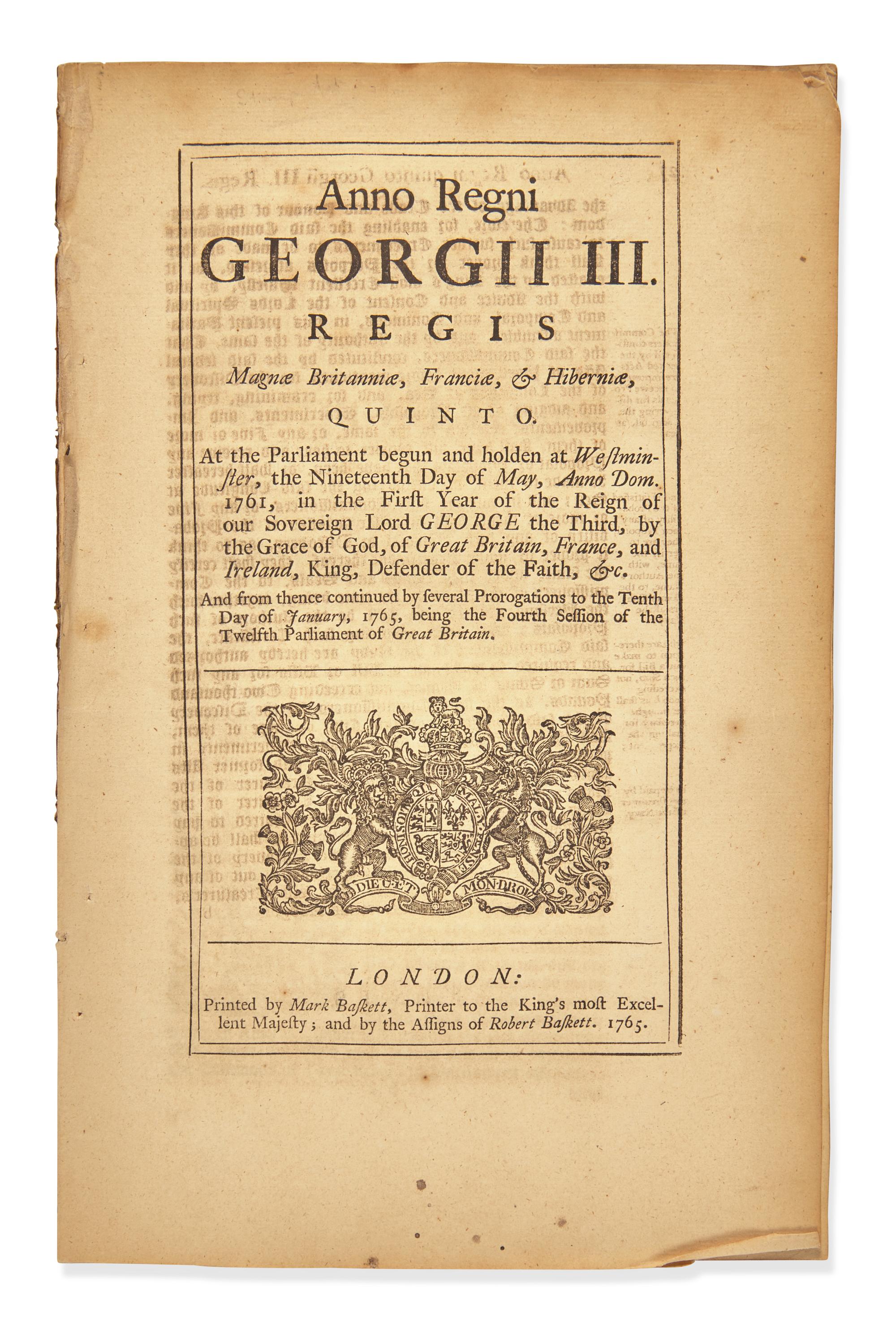 [American Revolution] [Stamp Act] Anno Regni Georgii III…An Act for Granting and Applying Certain Stamp Duties, and other Duties, in the British Colonies and Plantations in America...