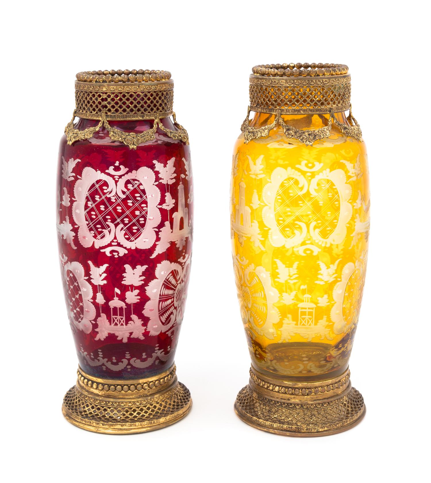 A Pair of Gilt-Metal Overlay Cut-to-Clear Vases Height 8 1/2 inches