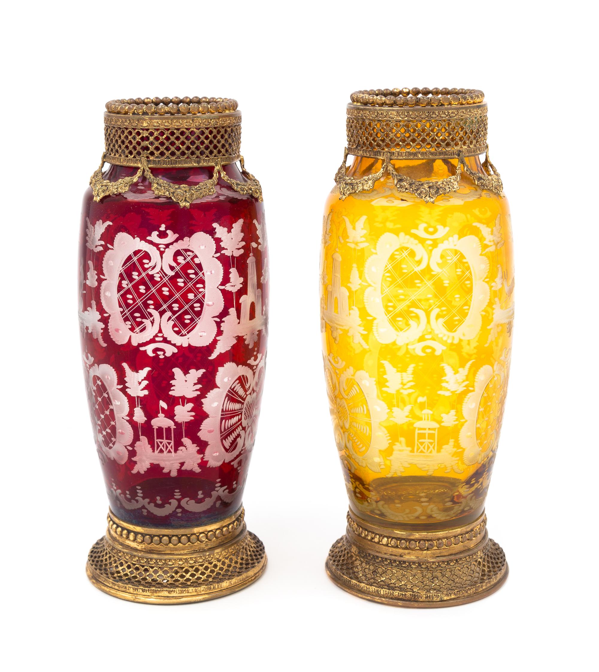A Pair of Gilt-Metal Overlay Cut-to-Clear Vases Height 8 1/2 inches