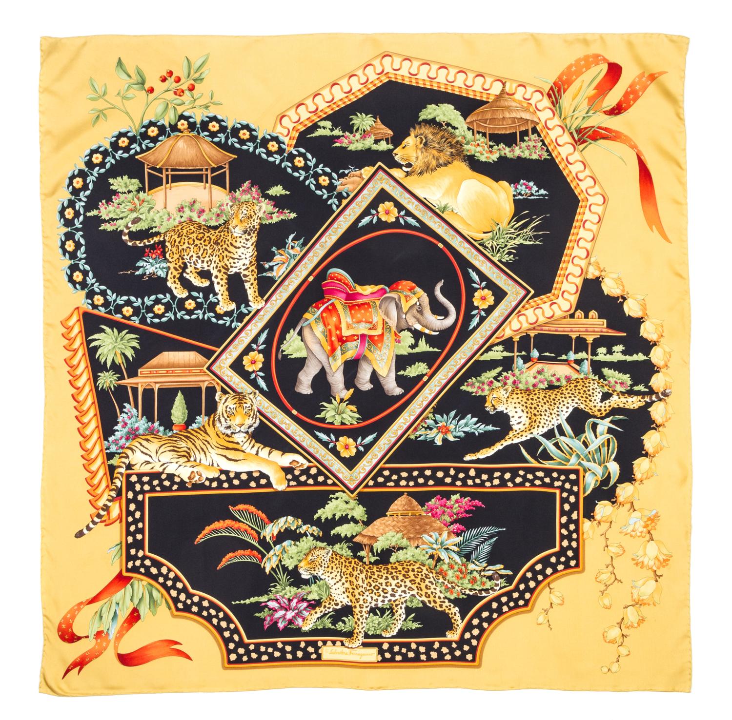 A Ferragamo 90cm Gold Silk Animal Print Scarf, 36" x 36".