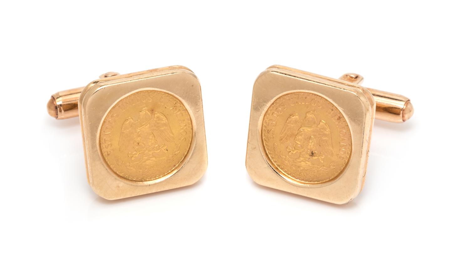 A Pair of 14 Karat Gold Dos Pesos Coin Cufflinks,