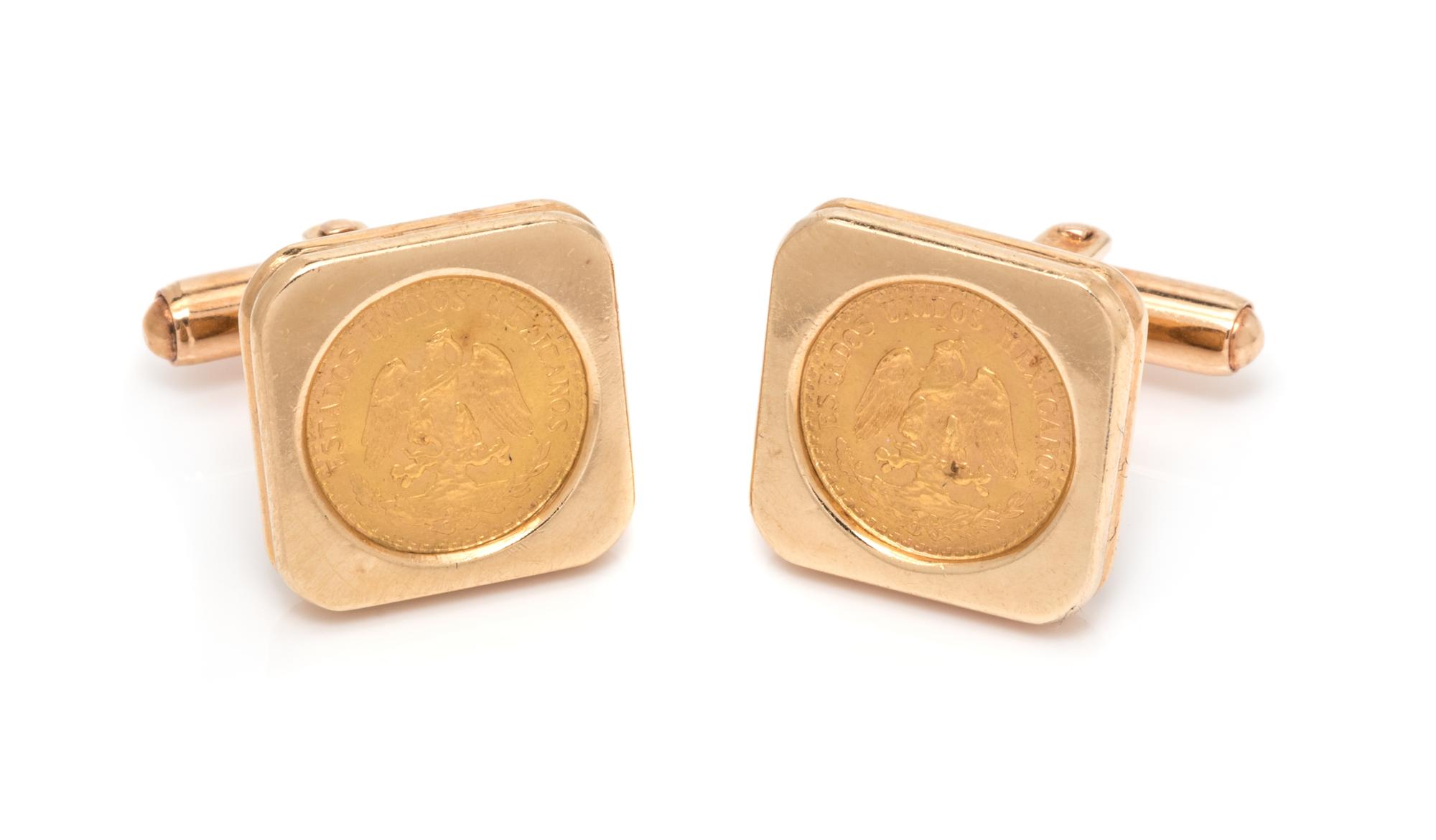 A Pair of 14 Karat Gold Dos Pesos Coin Cufflinks,
