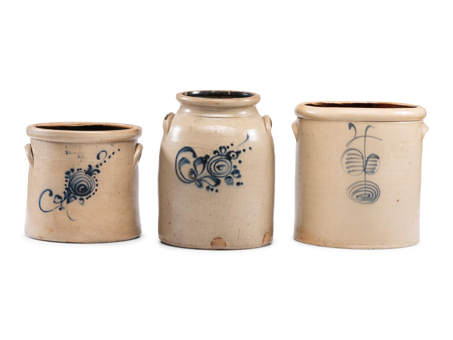 Three Cobalt-Decorated Stoneware Crocks