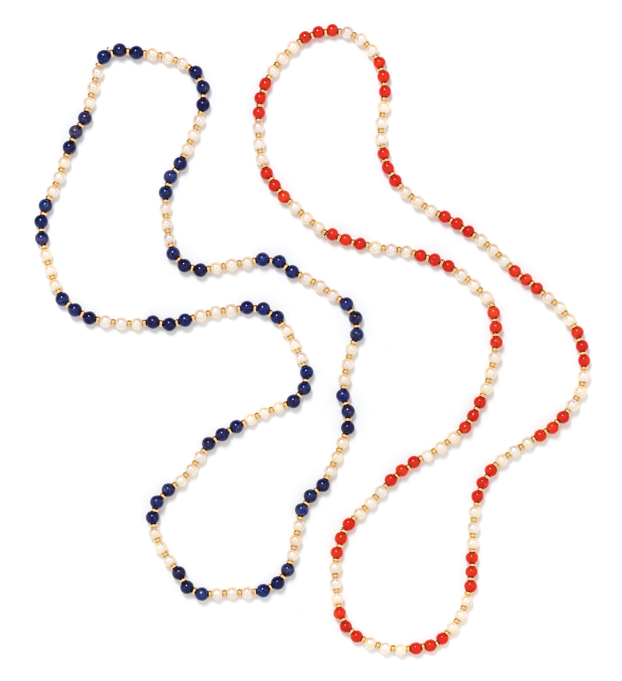 COLLECTION OF YELLOW GOLD, CULTURED PEARL AND HARDSTONE NECKLACES