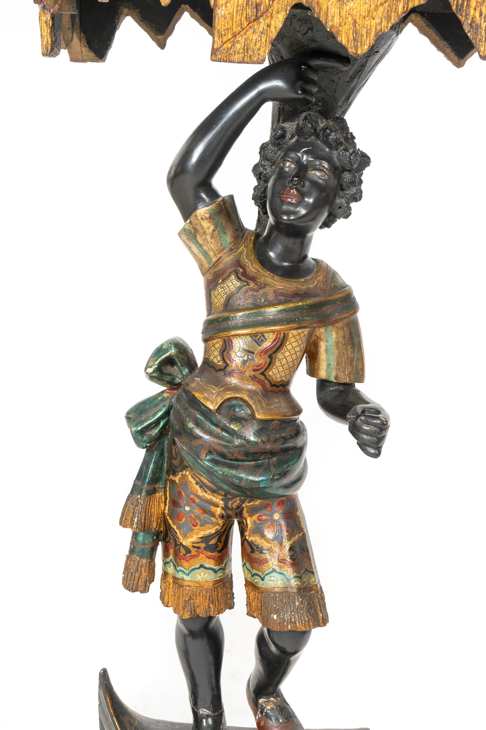 A Pair of Venetian Baroque Style Parcel Gilt and Polychrome Decorated Figural Pier Tables
