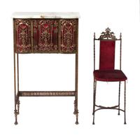 An Art Deco Telephone Cabinet and Associated Chair Height of cabinet 42 x width 25 x depth 12 inches.