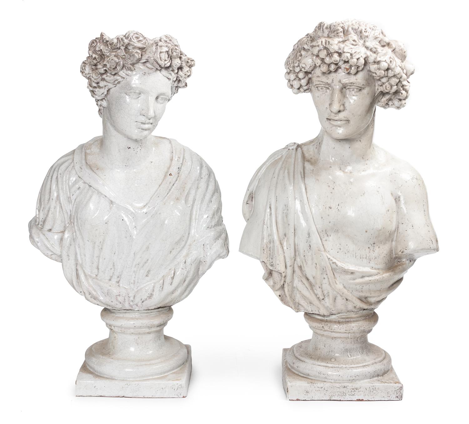 Two Neoclassical Glazed Ceramic Busts Height 32 1/2 inches.