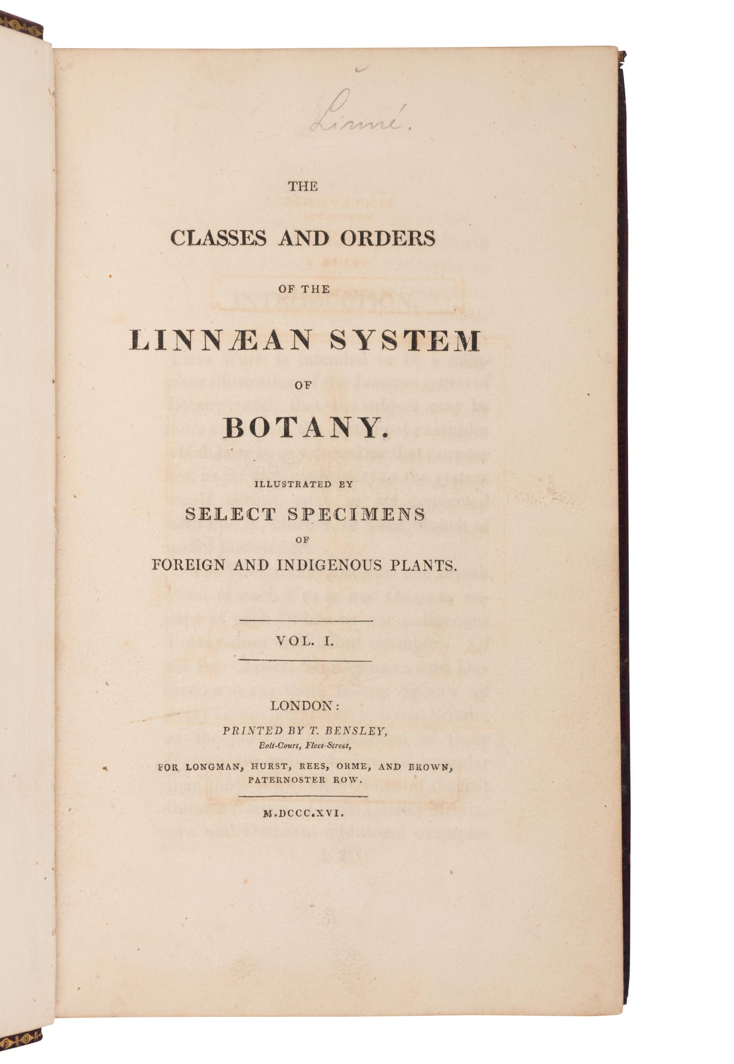 [NATURAL HISTORY]. DUPPA, Richard (1770-1831). The Classes and Orders of the Linnaean System of Botany. London: T. Bensley for Longman, Hurst, Rees, Orme, and Brown, 1816.