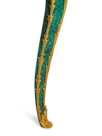 A Louis XV Style Gilt Bronze Mounted Malachite Veneered Bureau Plat