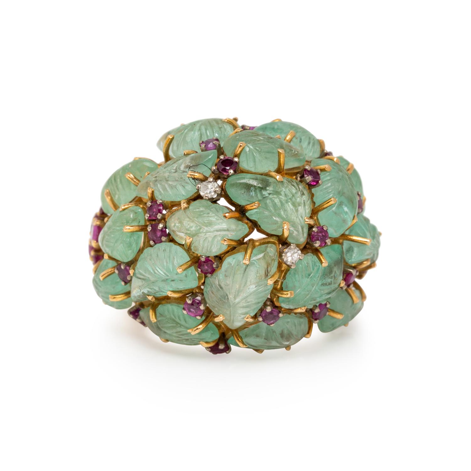 CARVED EMERALD, DIAMOND, AND RUBY RING