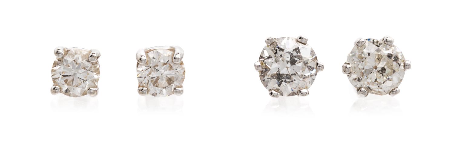 A Collection of White Gold and Diamond Stud Earrings, 1.20 dwts.