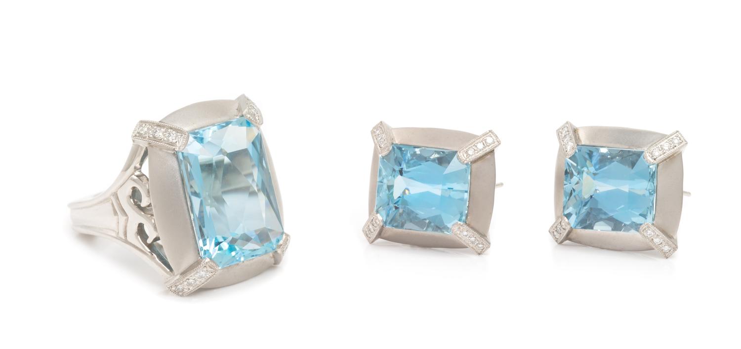 A Platinum, Aquamarine and Diamond Demi Parure, J.B. Star, 19.90 dwts.
