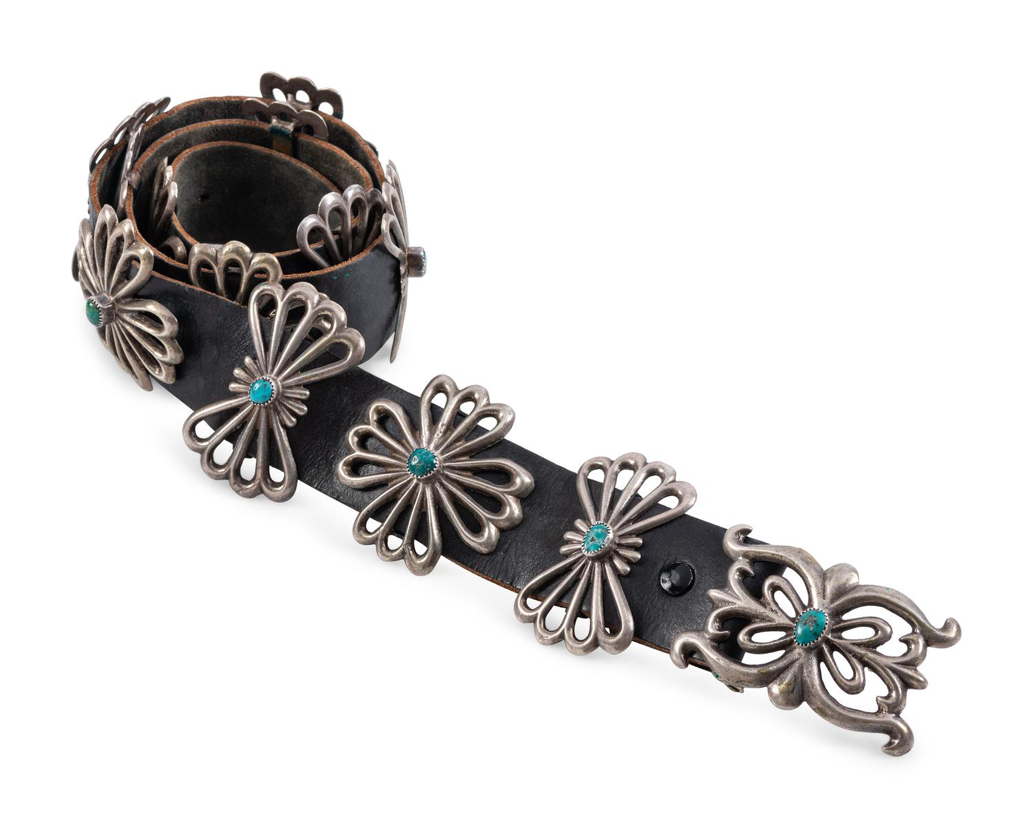 Navajo Sand Cast Silver and Turquoise Concha Belt