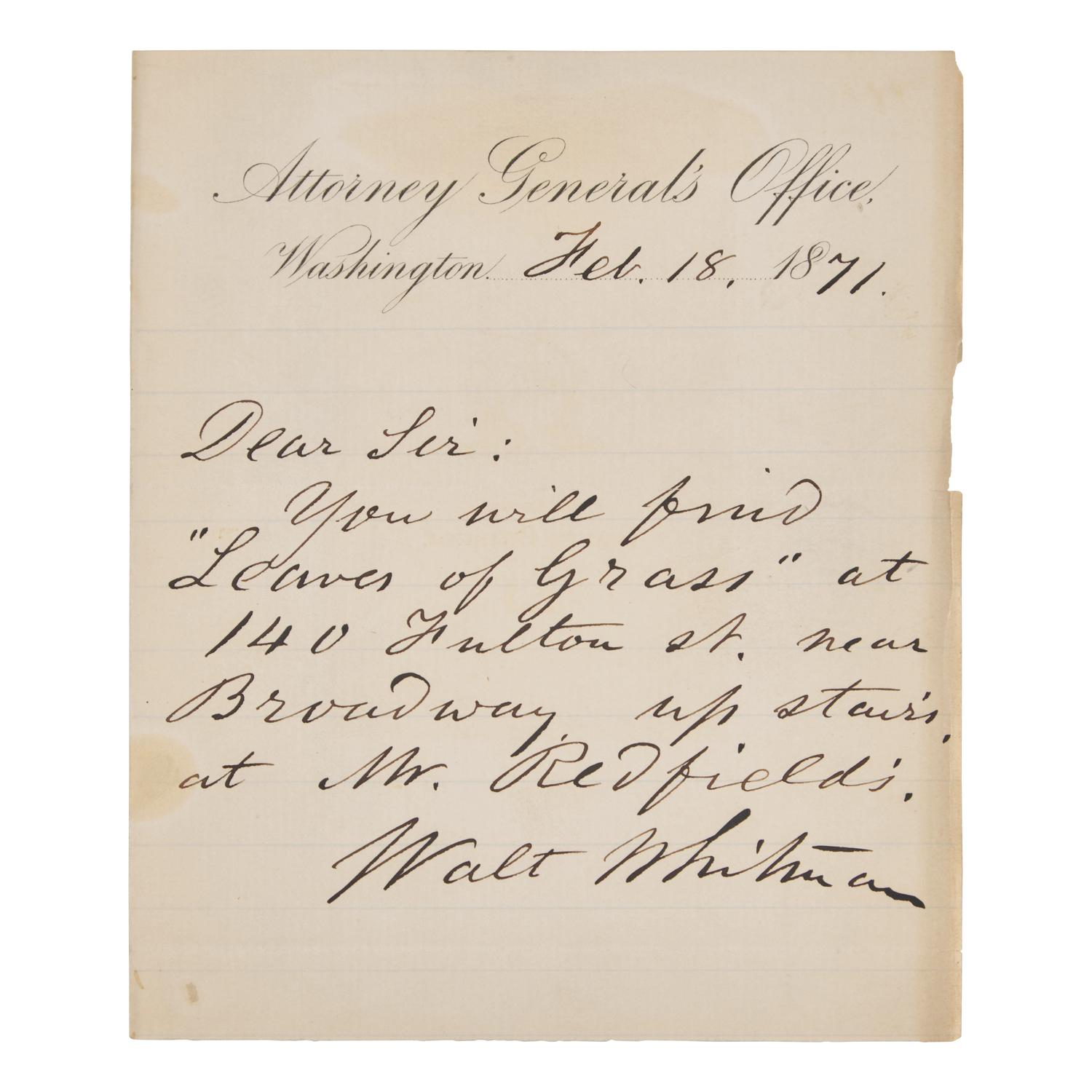 [Literature] Whitman, Walt. Autograph Letter, signed