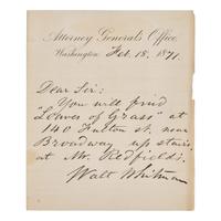 [Literature] Whitman, Walt. Autograph Letter, signed