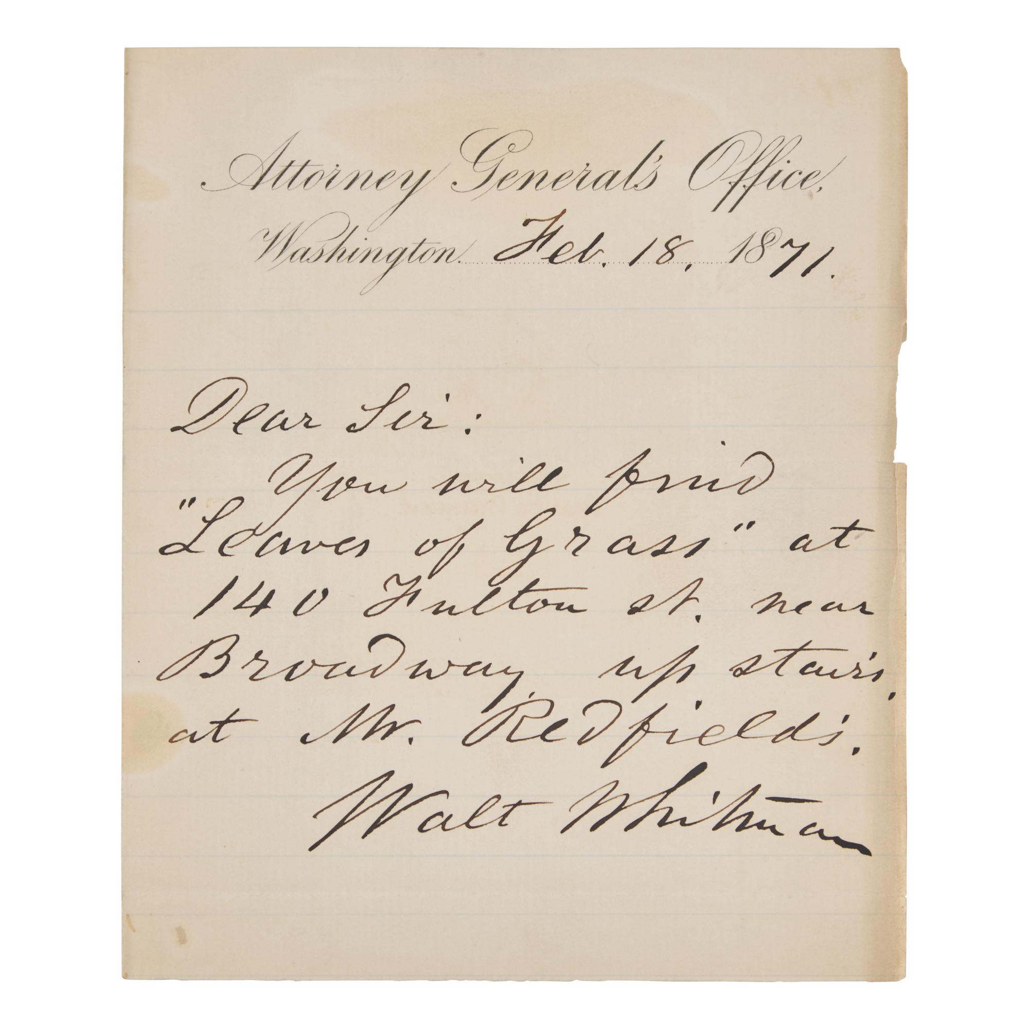 [Literature] Whitman, Walt. Autograph Letter, signed