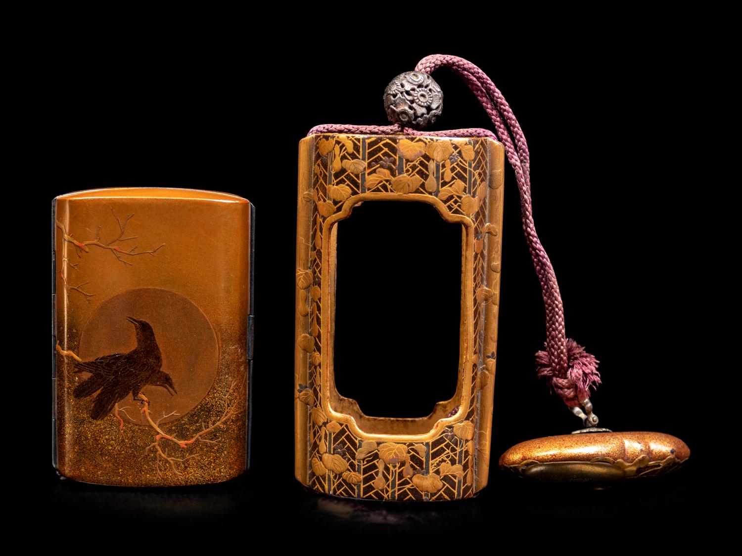 A Gold and Black Lacquer Inro Case and A Brass Cigarette Case