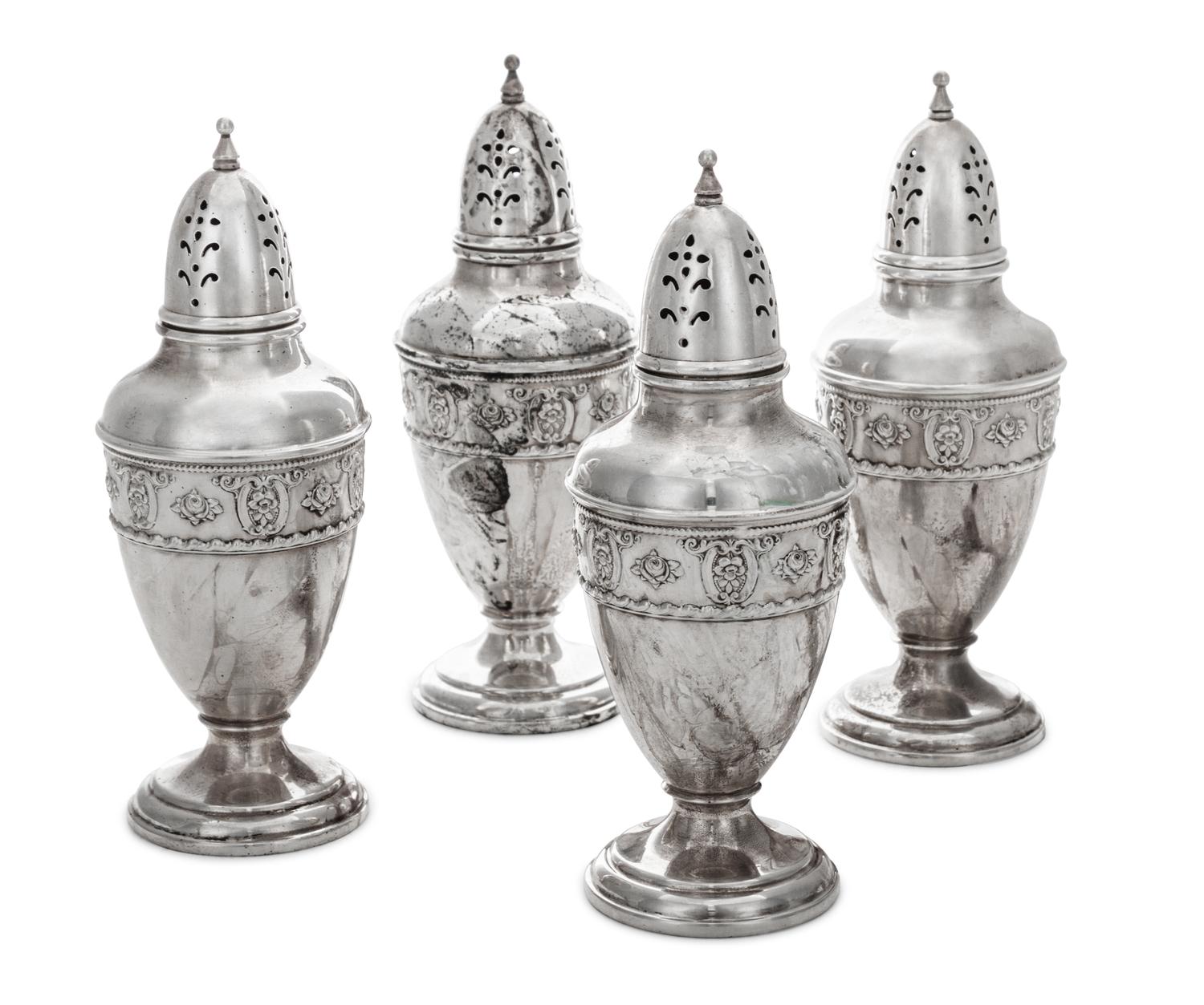 A Set of Four American Silver Casters, Wallace Silversmiths, Wallingford, CT, Rose Point pattern, each of baluster form.