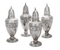 A Set of Four American Silver Casters, Wallace Silversmiths, Wallingford, CT, Rose Point pattern, each of baluster form.