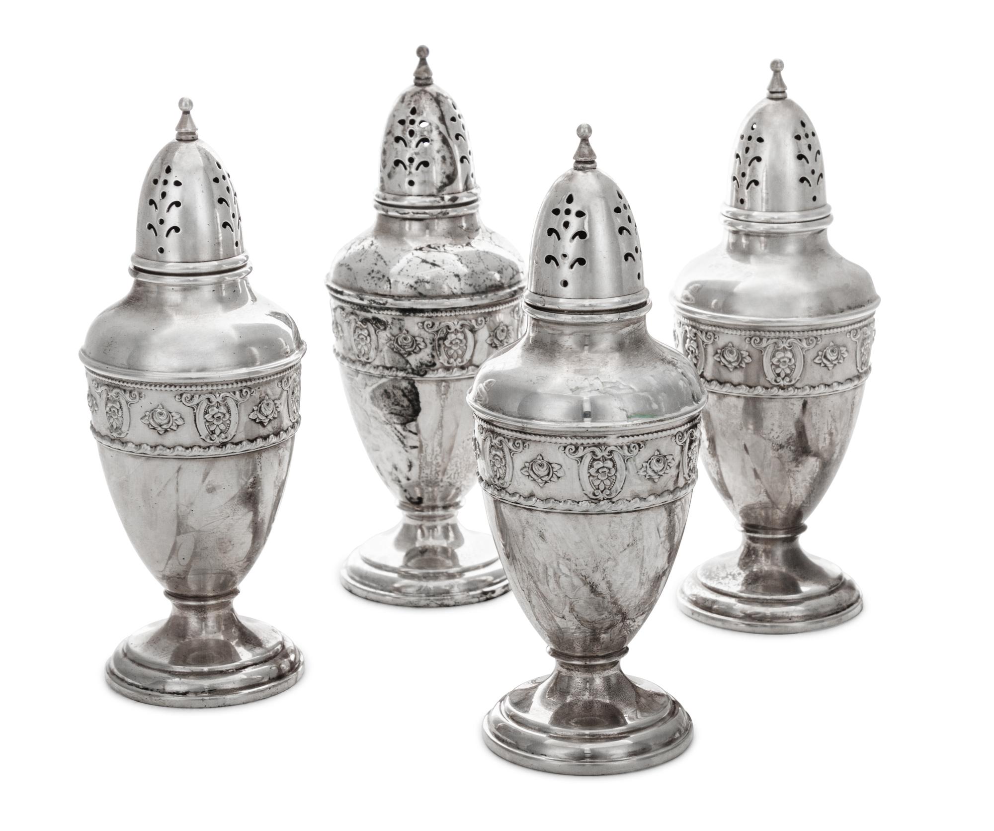 A Set of Four American Silver Casters, Wallace Silversmiths, Wallingford, CT, Rose Point pattern, each of baluster form.