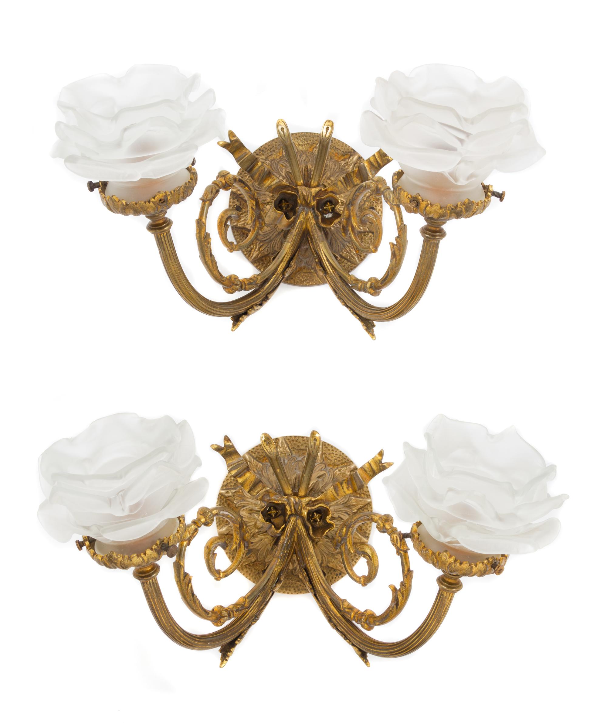 A Pair of French Gilt Bronze Two-Light Sconces Width 12 1/2 inches. — EARLY 20TH CENTURY