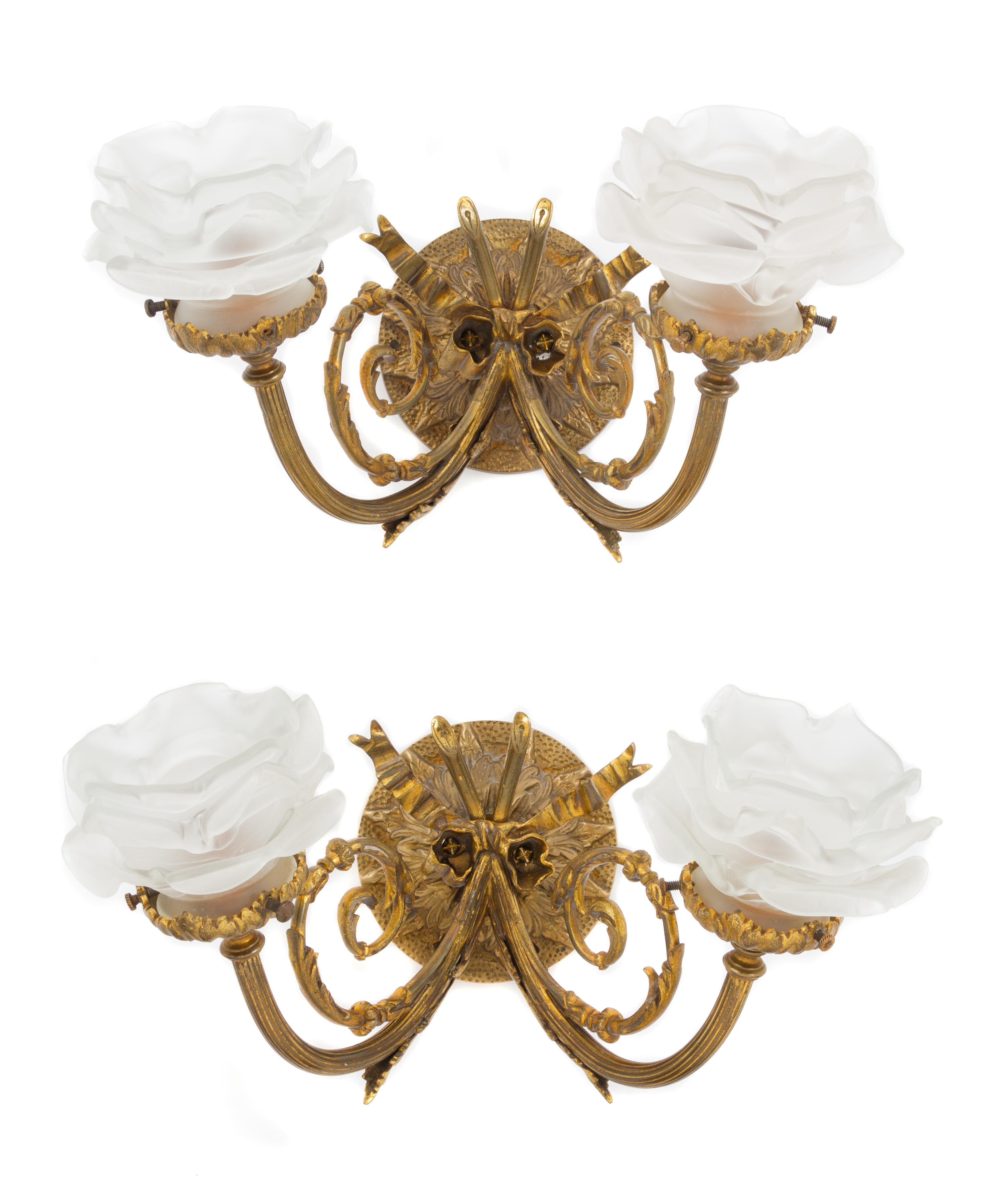 A Pair of French Gilt Bronze Two-Light Sconces Width 12 1/2 inches. — EARLY 20TH CENTURY