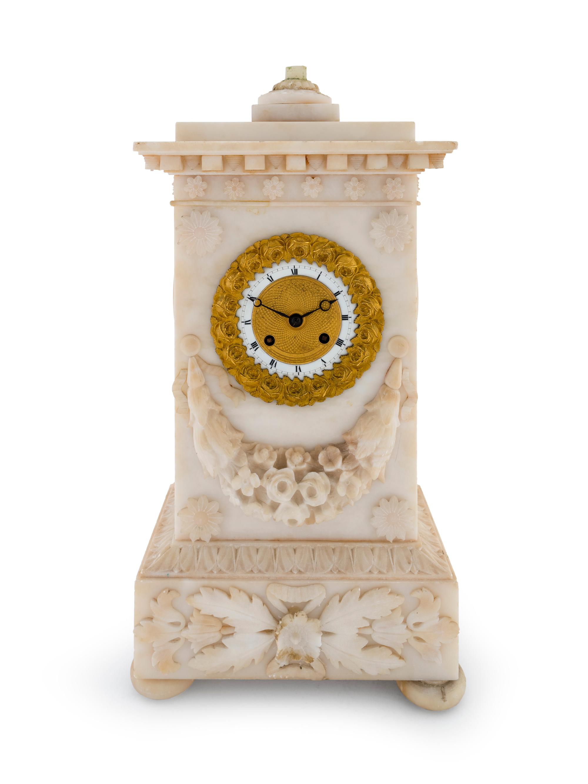 A Louis XVI Style Alabaster Mantel Clock — CIRCA 1900