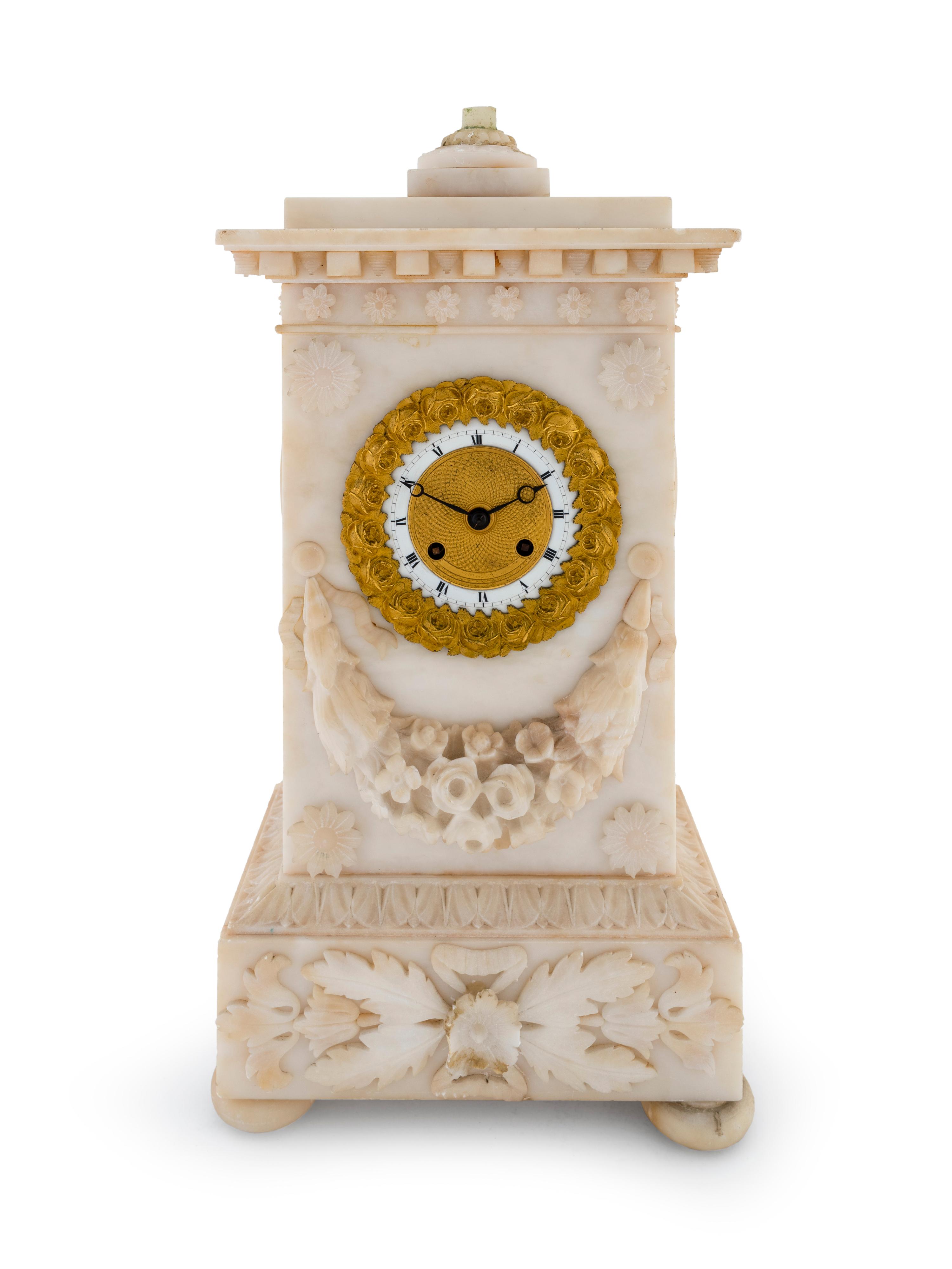 A Louis XVI Style Alabaster Mantel Clock — CIRCA 1900
