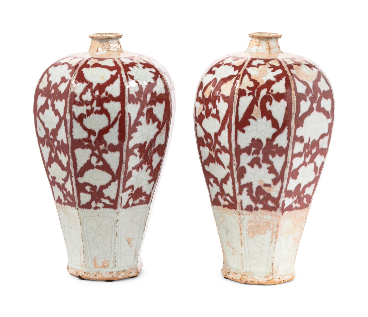 A Pair of Chinese Red Ground Kehua Porcelain Vases, Meiping