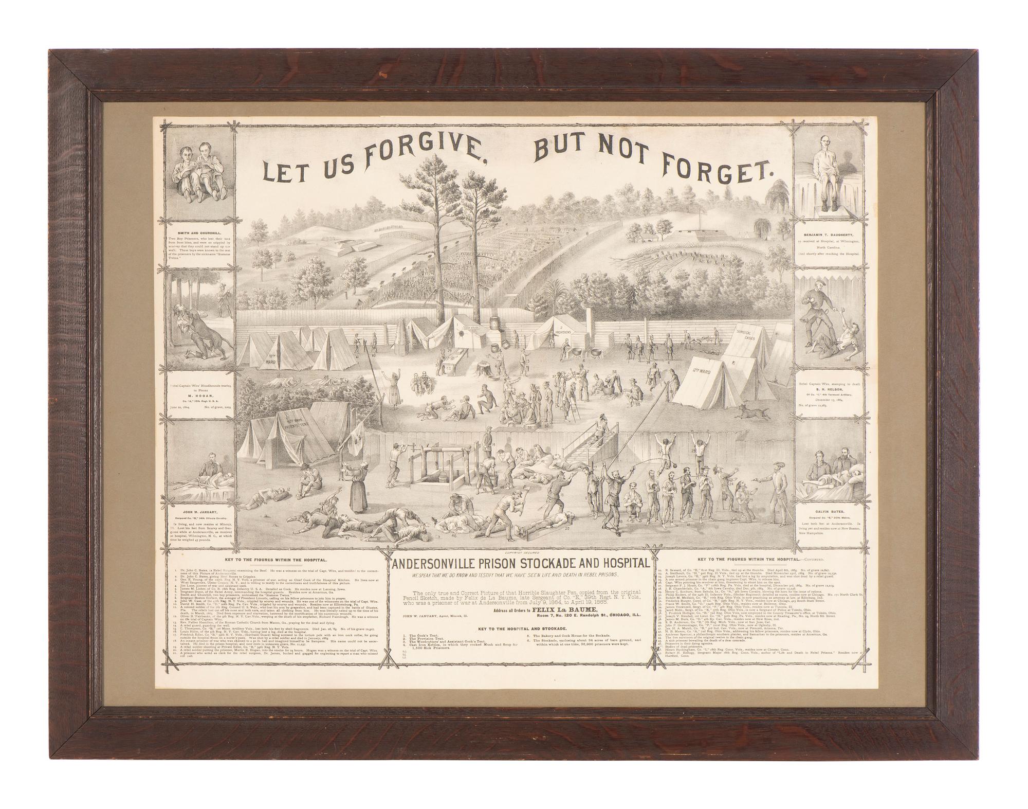 [CIVIL WAR]. 8 framed prints related to Libby Prison, Andersonville, and the trial of Henry Wirz.