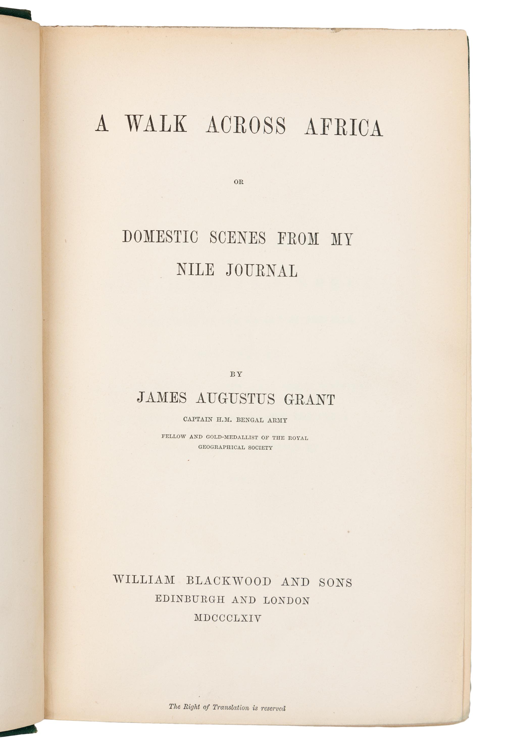 GRANT, James Augustus (1827-1892). A Walk Across Africa. London, 1864. FIRST EDITION.