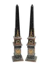 A Pair of Large Gilt Bronze Mounted Vari-Color Granite Obelisks