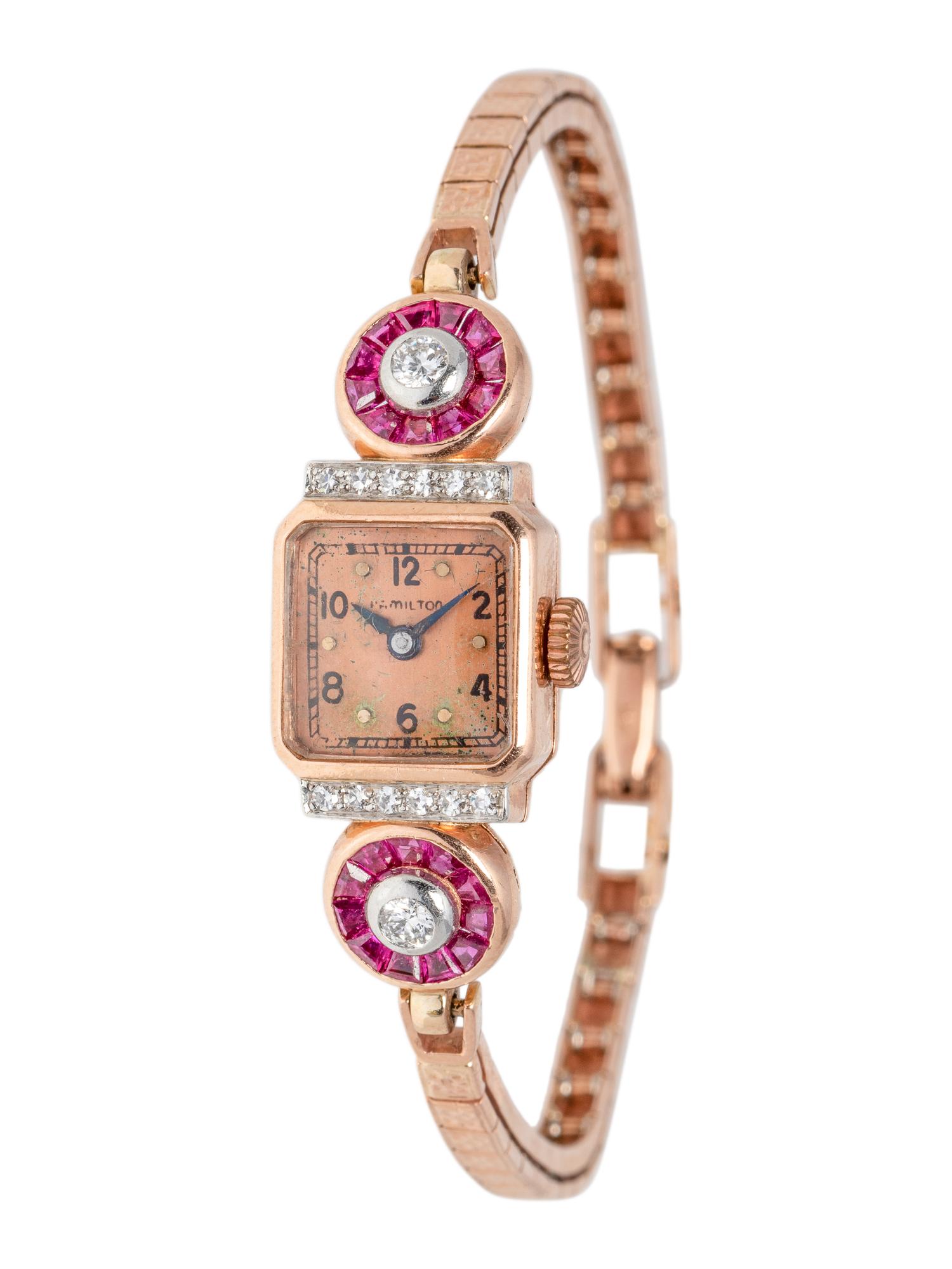 HAMILTON, RETRO, 14K ROSE GOLD, DIAMOND AND RUBY WRISTWATCH