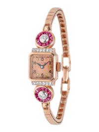 HAMILTON, RETRO, 14K ROSE GOLD, DIAMOND AND RUBY WRISTWATCH