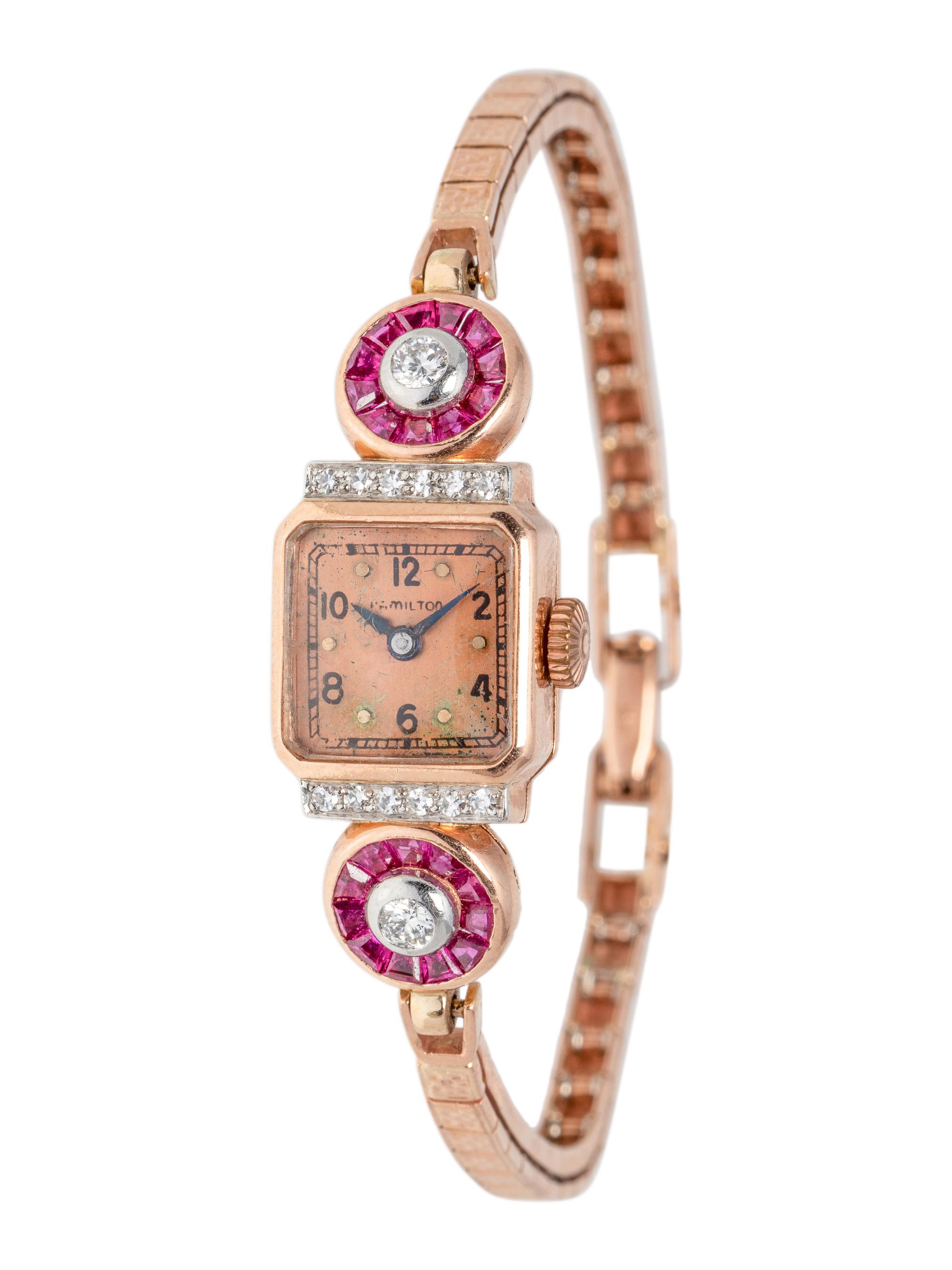 HAMILTON, RETRO, 14K ROSE GOLD, DIAMOND AND RUBY WRISTWATCH
