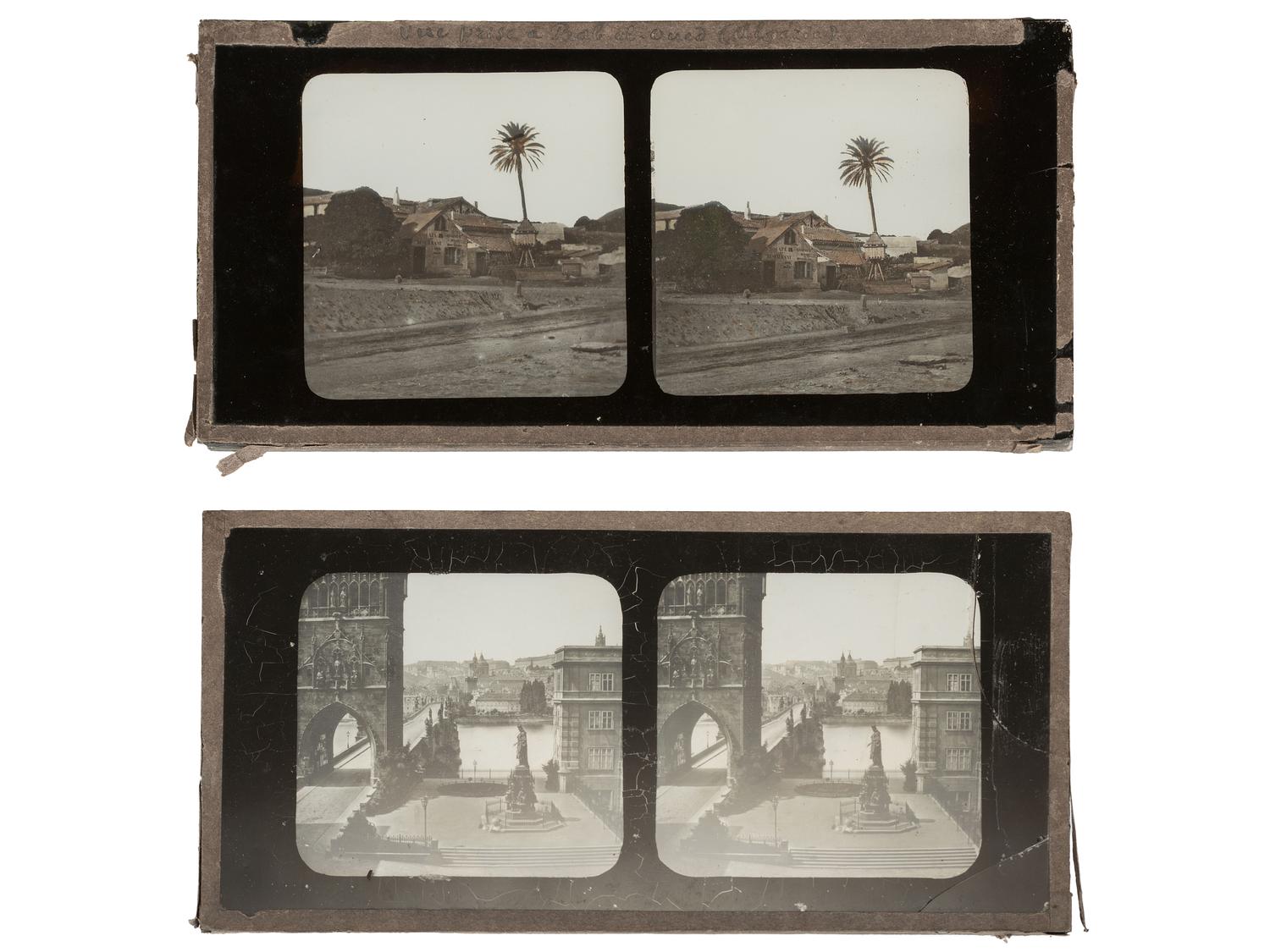 [EARLY PHOTOGRAPHY]. Group of stereoscopic glass slides documenting landscapes and towns abroad.